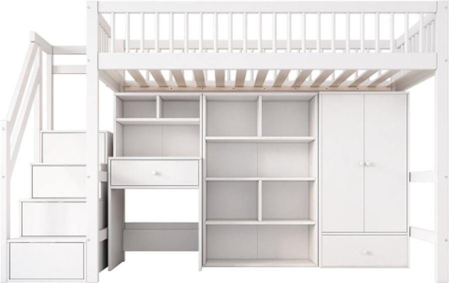 Hoogslaper 90x200cm kinderbed eenpersoonsbed multifunctioneel kinderbed met bureau & trap & opbergruimte & kledingkast zonder matras wit