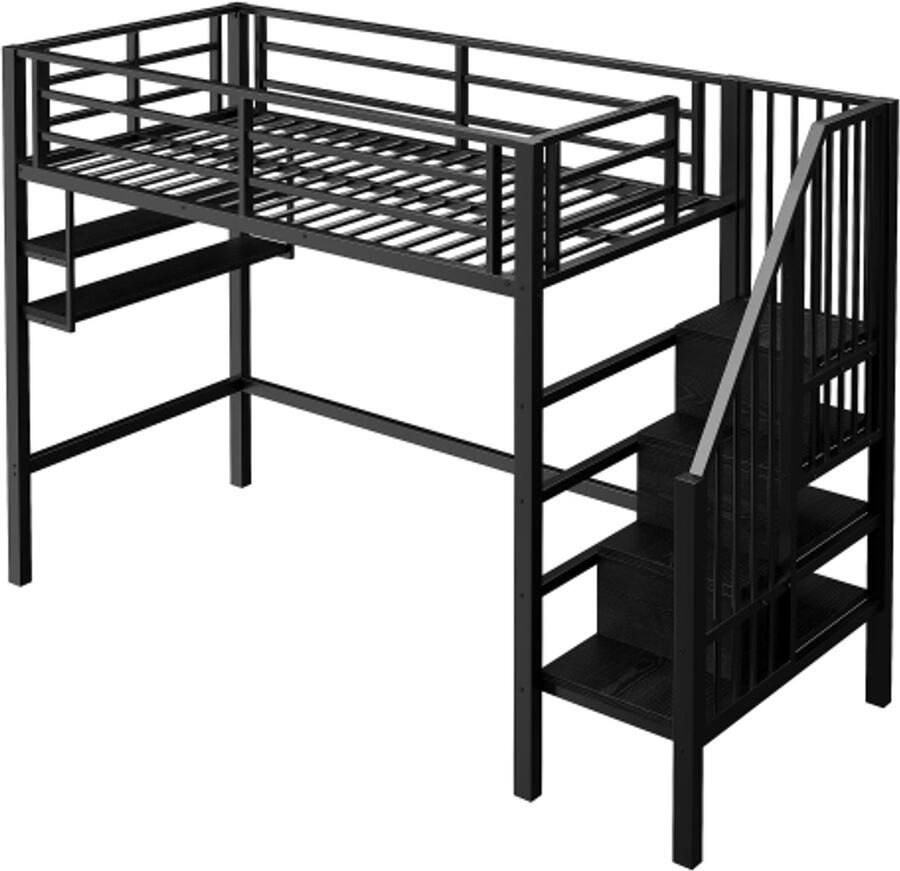 Hoogslaper 90x200cm kinderbed planken opbergladder ruimte onder het bed voor afdekken leuning zonder matras zwart