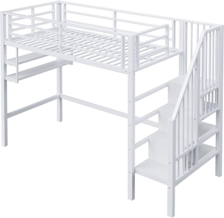 Hoogslaper 90x200cm kinderbed planken opbergladder ruimte onder het bed voor afdekken leuning zonder matras wit