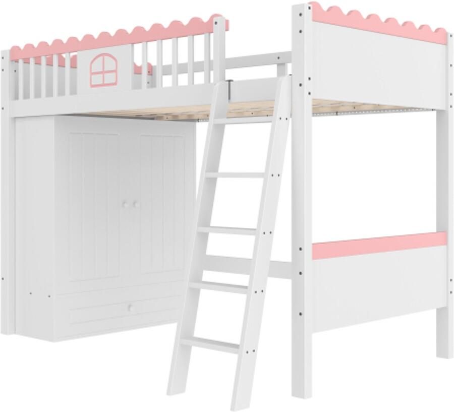 Hoogslaper 90x200cm Kinderbed Zonder matras Eenpersoonsbed Wit Massief grenen Met LED verlichting kledingkast en opberglades Multifunctioneel hoogbed