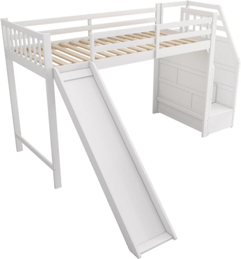 Hoogslaper 90x200cm Kinderbed Zonder matras Eenpersoonsbed Wit Met glijbaan trap met opbergruimte Stevig houten hoogbed voor kinderkamer