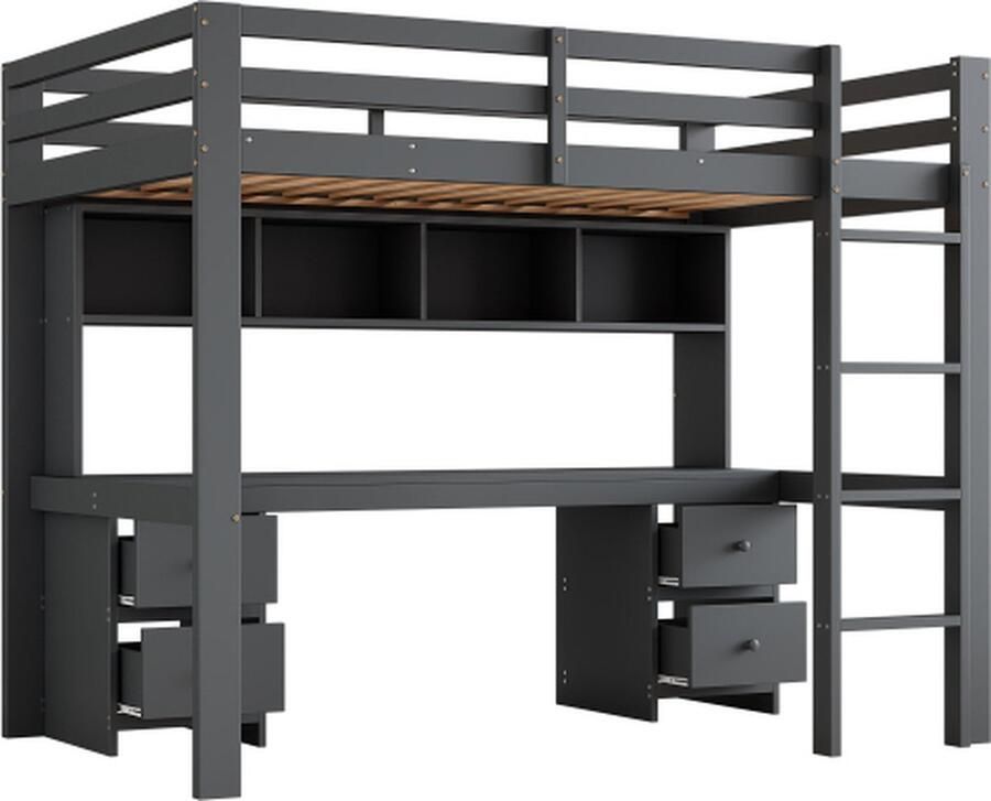 Zonder merk Gotagee Hoogslaper 90x200cm Kinderbed (Zonder matras) Grijs Bed boven Tafel onder