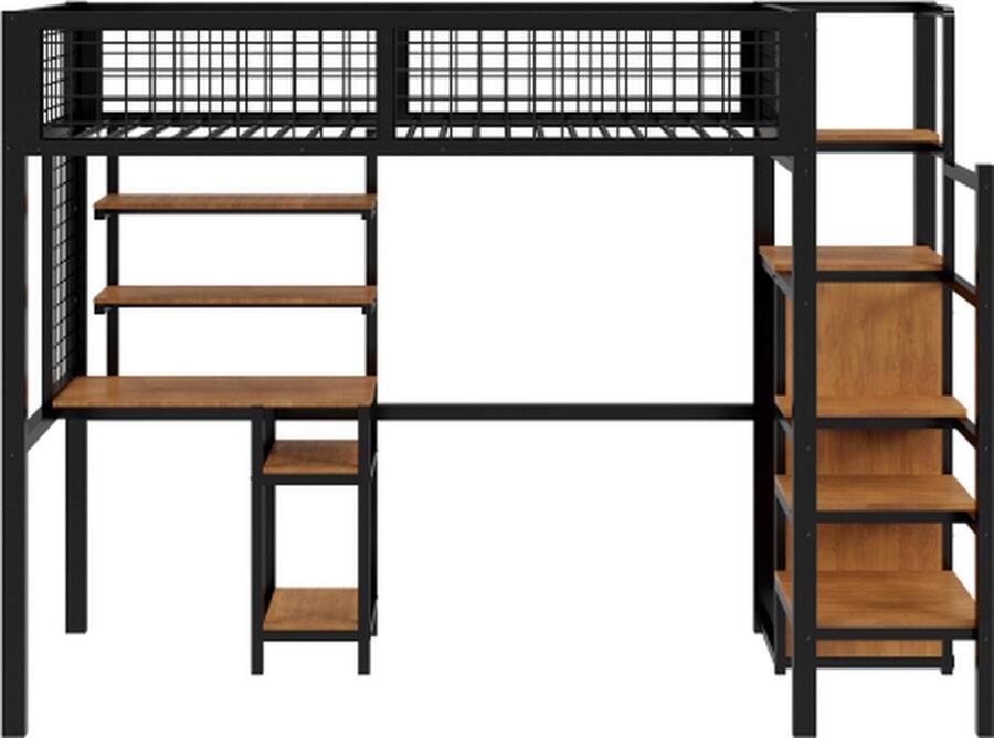 Gotagee Hoogslaper 90x200cm met Veiligheidsladder Kinderbed met IJzeren Frame Kast en Computertafel