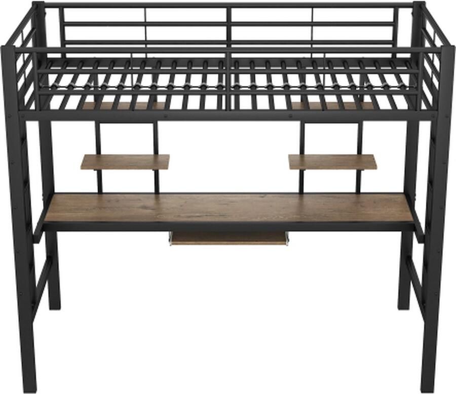 Zonder merk Gotagee Hoogslaper 90x200cm Metalen bed (zonder matras) Zwart Ijzeren bed Kinderbed met bureau en twee boekenplanken