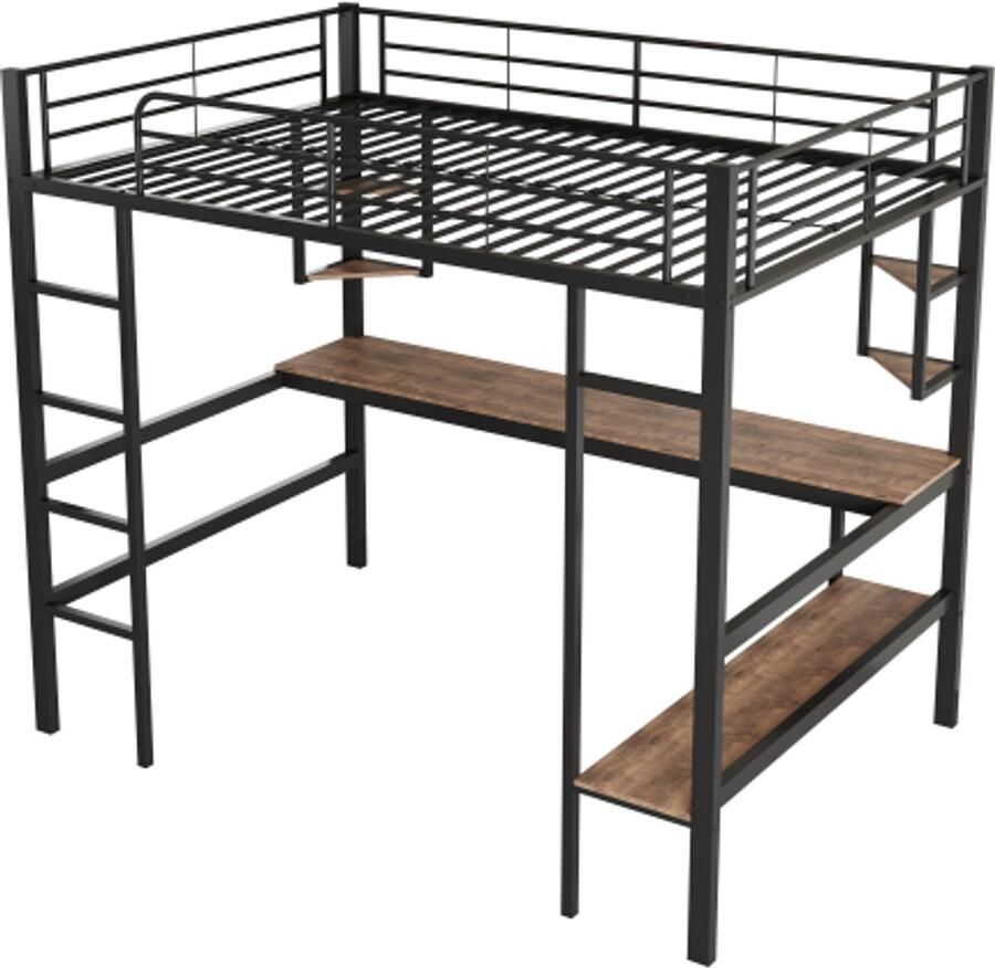 Hoogslaper 90x200cm metalen bedframe ijzeren bed met bureau hoogslaper met vier kleine planken en een grote boekenplank voor kinderen tieners en volwassenen zwart
