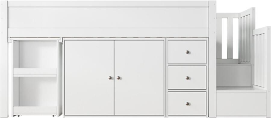 Gotagee hoogslaper 90x200cm multifunctioneel kinderbed met uitschuifbaar bureau en zijvak met kast met lade met trap en trapkast zonder matras MDF wit