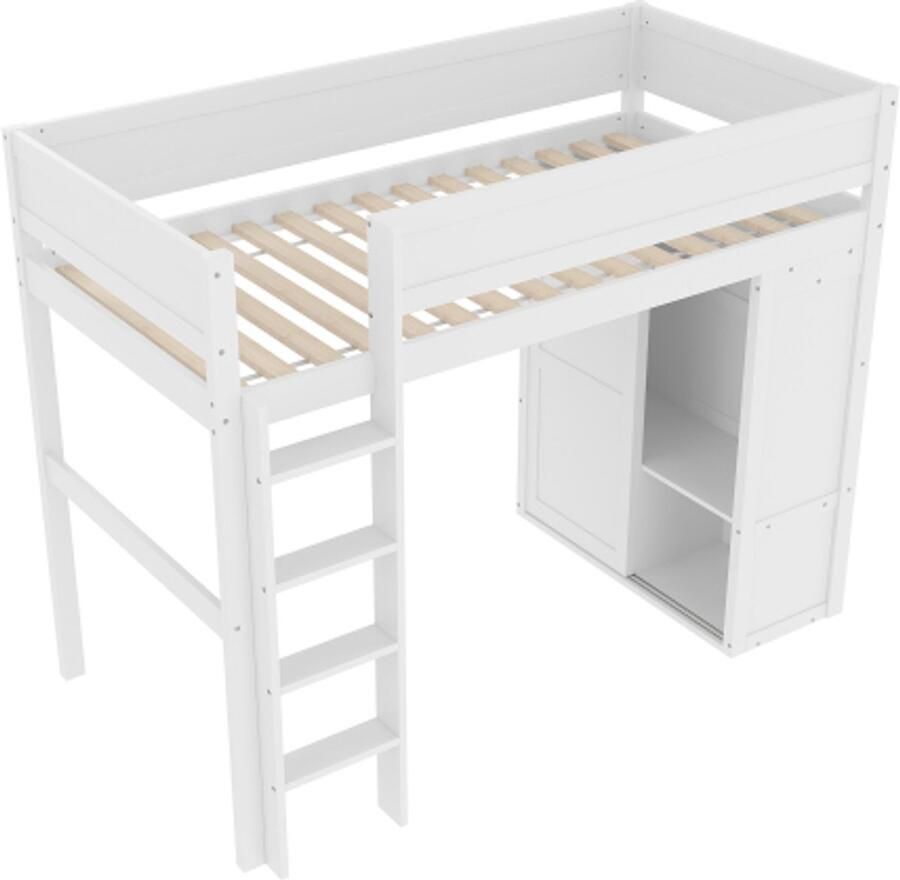 Hoogslaper 90x200cm veelzijdig kinderbed voorzien van kledingkast opbergvak open onderbedruimte zonder matras grenenhout wit
