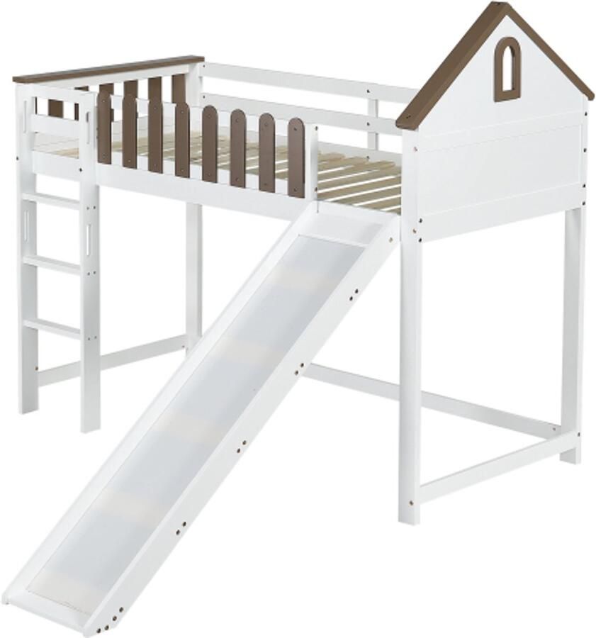 Hoogslaper 90x200cm Zonder Matras Bed Met Dak En Ramen Wit+Walnoot Kleur Kiefer+MDF Met Glijbaan En Rechte Ladder Voor Kinderen En Tieners