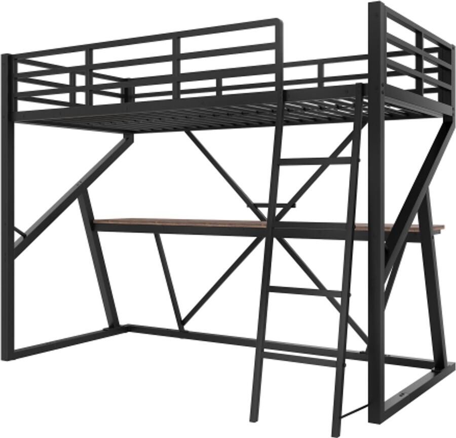 Hoogslaper 90x200cm Zonder Matras Bed Zwart Met Led Verlichting Met Bureau Trap Reling Voor Kinderkamer