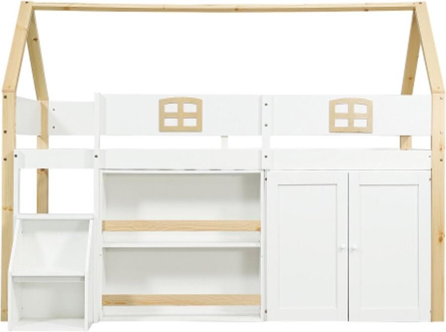 Hoogslaper 90x200cm Zonder Matras Eenpersoons Huisbed Kinderbed Houten Bed Veilige Tweestaps Opbergtrap Met Planken En Kast Exquise Dak En Raam Met Reling Geschikt Voor Kinderkamer