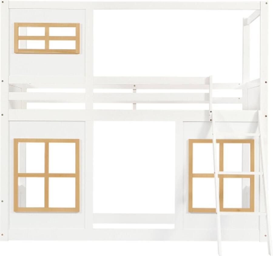 Hoogslaper 90x200cm Zonder Matras Eenpersoonsbed Huisbed Bed Voor Kinderen Wit Natuur Hout MDF Met Mooi Raam Stabiele Treden Vierzijdige Reling Geschikt Voor Kinderkamer