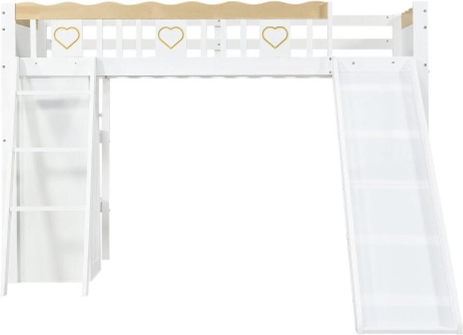 Hoogslaper 90x200cm Zonder Matras Eenpersoonsbed Kinderbed Huisbed Wit Natuur Hout MDF Met Kinderrutsche Onder Bed Kledingkast En Opbergkast Vierzijdige Reling Met Fraaie Patronen Geschikt