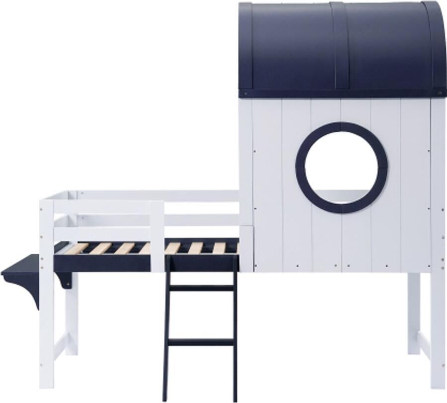 Hoogslaper 90x200cm Zonder Matras Eenpersoonsbed Kinderbed Huisbed Wit Zwart-Blauw Hout MDF Met Dak En Raam Onderste Lade Met Wieltjes Praktische Twee Staps Schuine Ladder Jongensbed Geschikt Voor Kinderkamer