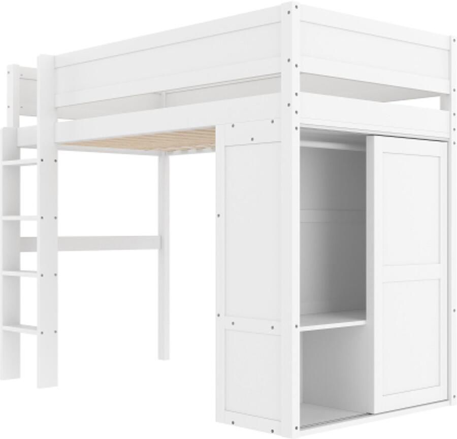 Hoogslaper 90x200cm Zonder matras Kinderbed Eenpersoonsbed Wit Massief grenenhout Met kledingkast opbergruimte en open onderbedruimte Stevig multifunctioneel hoogbed voor kinderkamer