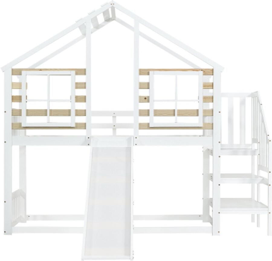 Hoogslaper 90x200cm Zonder Matras Kinderbed Jongensbed Meisjesbed Stapelbed Wit Hout Met Trap En Reling Met Glijbaan En Raam Blokhuis Kinderbed Met Valbeveiliging