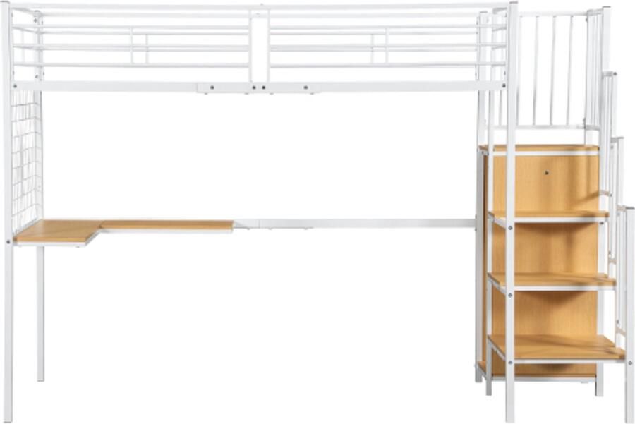 Hoogslaper 90x200cm Zonder Matras Kinderbed Jongensbed Meisjesbed Wit Natuur Metaal MDF Met Bureau En Kledingkast Zijladder Met Leuning Geschikt Voor Kinderkamer Kleine Kamer