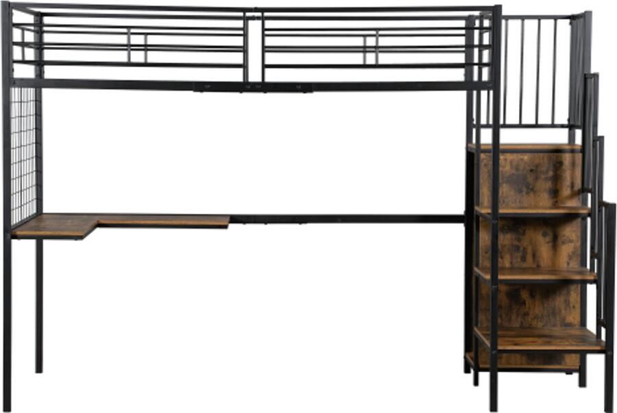 Hoogslaper 90x200cm Zonder Matras Kinderbed Jongensbed Meisjesbed Zwart Natuur Metaal MDF Met Bureau En Kledingkast Zijladder Met Leuning Geschikt Voor Kinderkamer Kleine Kamer