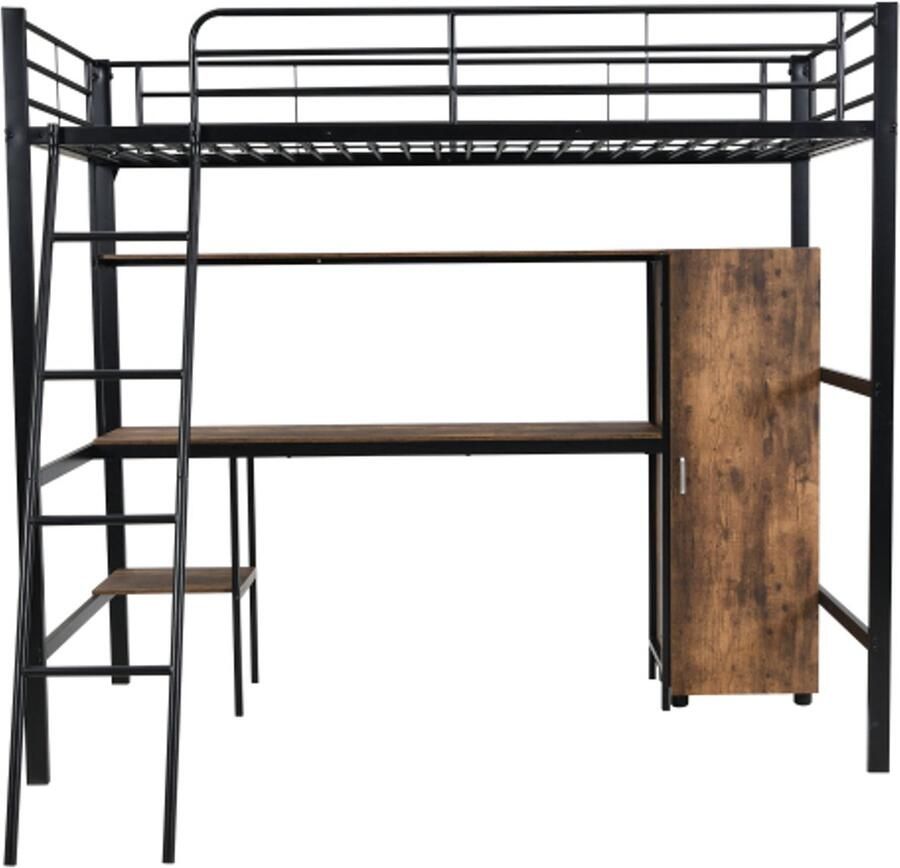 Hoogslaper 90x200cm Zonder Matras Kinderbed Jongensbed Meisjesbed Zwart Natuur Metaal Met Bureau Met Kast Met Open Planken Met 4 Treden Trap Voor Kinderkamer