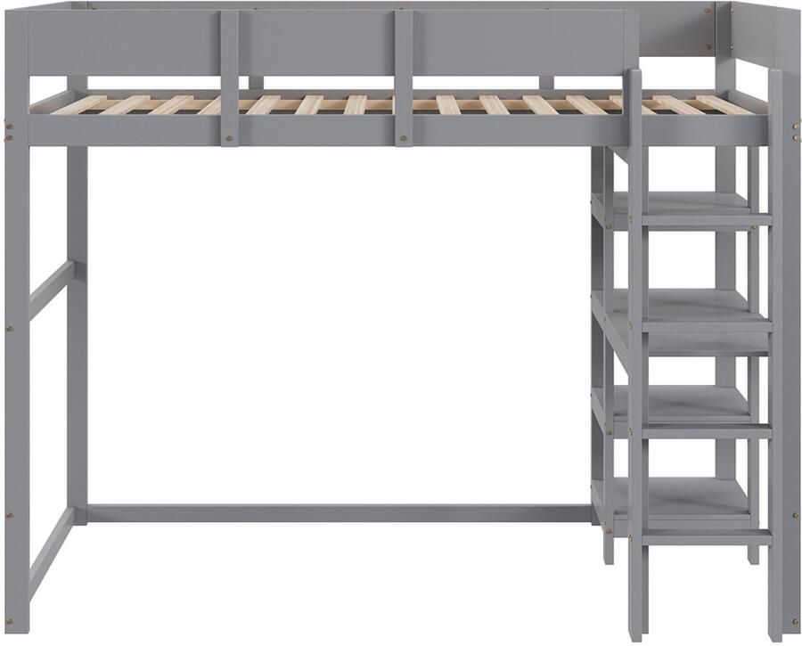 Hoogslaper 90x200cm zonder matras met bureau meerlagige opbergrekken en trap hoge omheining voor veiligheid stevig houten frame vrije ruimte onder het bed modern en eenvoudig ontwerp grijs