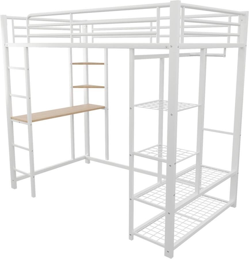 Hoogslaper 90x200cm zonder matras met ladder tafel opbergrek eenvoudige kledingkast en veiligheidshek stevig metalen frame de ruimte eronder is vrij te gebruiken efficiënte ruimtebenutting wit