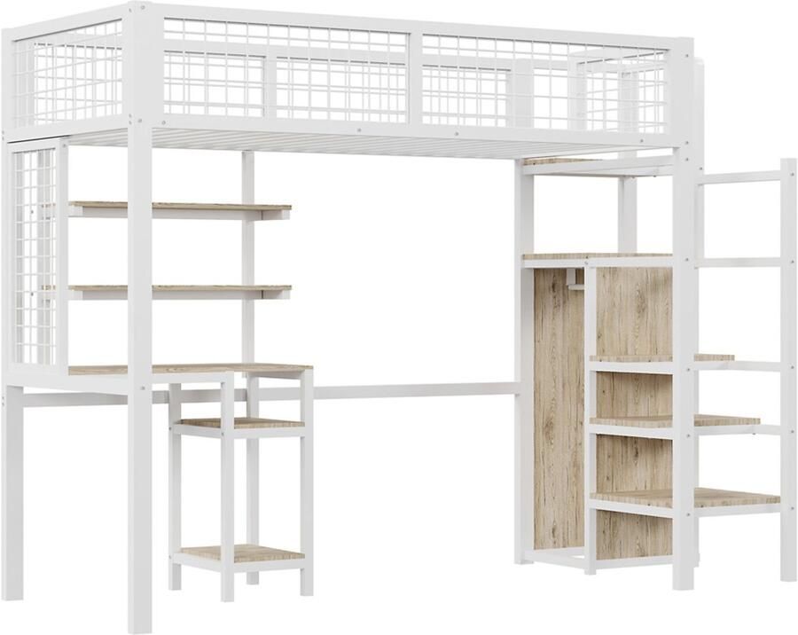 Hoogslaper 90x200cm zonder matras met opbergbare leuningtrap bureau opbergrek eenvoudige kledingkast en veiligheidshekje stevig metalen frame modern strak design wit