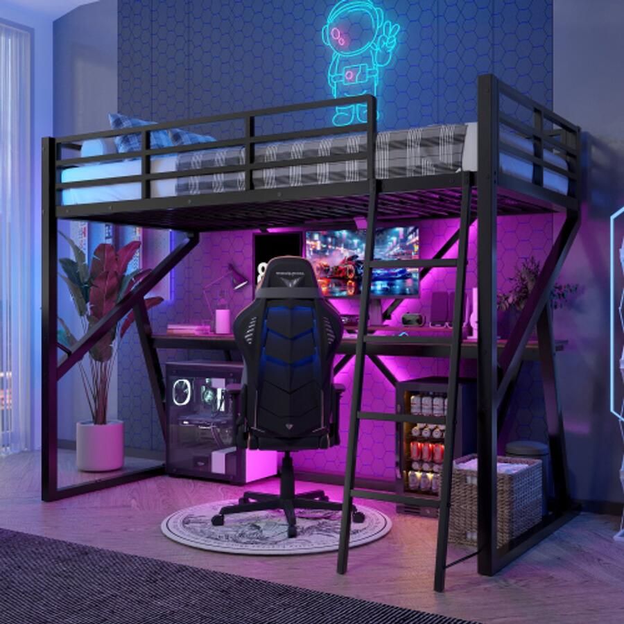 Learnlogic hoogbed 90x200 cm ijzeren frame LED-lijst leuning trap bureau zonder matras zwart