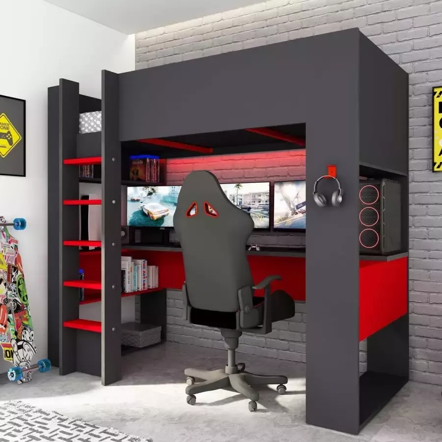 Hoogslaper gamer NOAH met bureau en opbergruimtes 90 x 200 cm met LED's Antraciet en rood L 206 cm x H 183 cm x D 110 cm - Foto 1