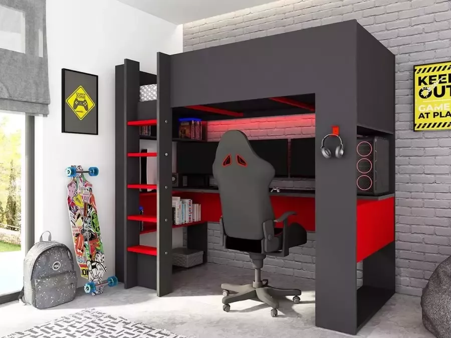 Hoogslaper gamer NOAH met bureau en opbergruimtes 90 x 200 cm met LED's Antraciet en rood + matras L 206 cm x H 183 cm x D 110 cm - Foto 2