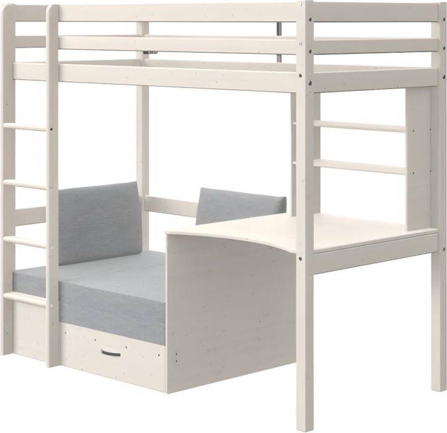 Hoogslaper GOLIATH II met bureau bedbank en opbergruimte 90 x 200 cm Massief grenen Gebleekt L 208 cm x H 179 cm x D 104 cm