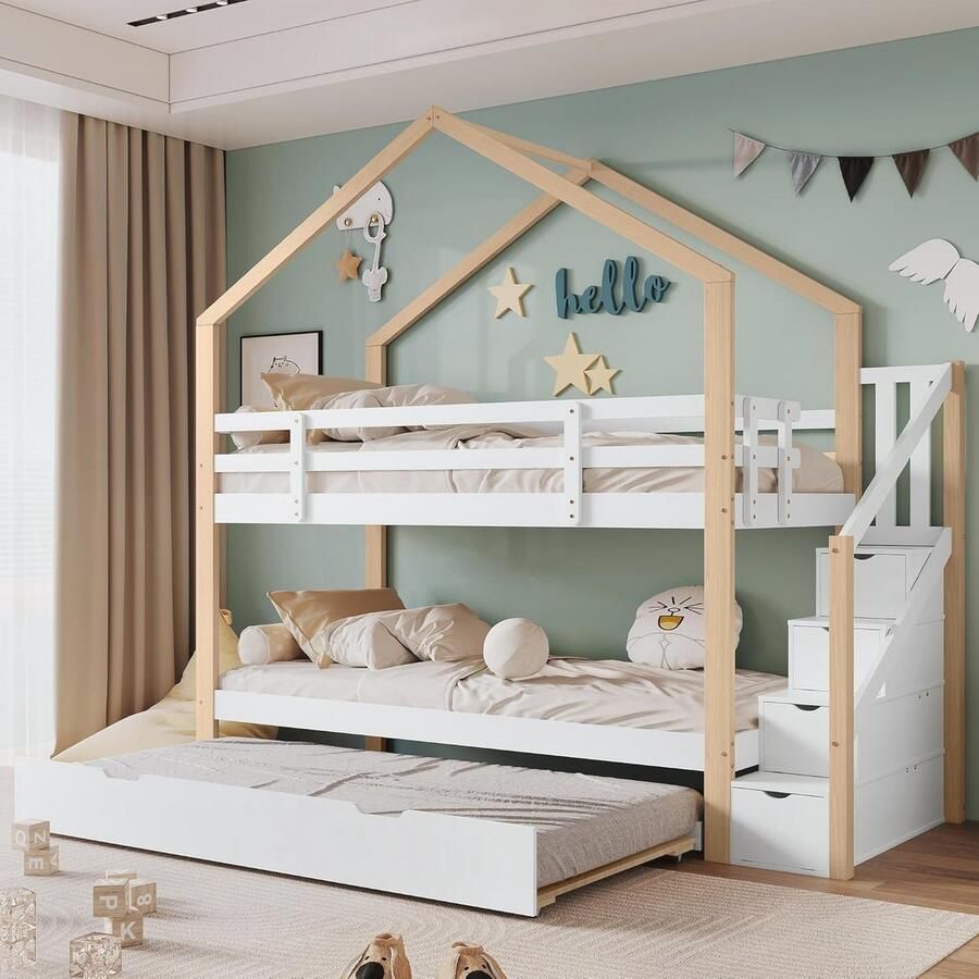 Hoogslaper Kinderbed 90 x 200 cm met Glijbaan Stapelbed en Drietraps Ladder Massief Houten Bedframe met Valbeveiliging