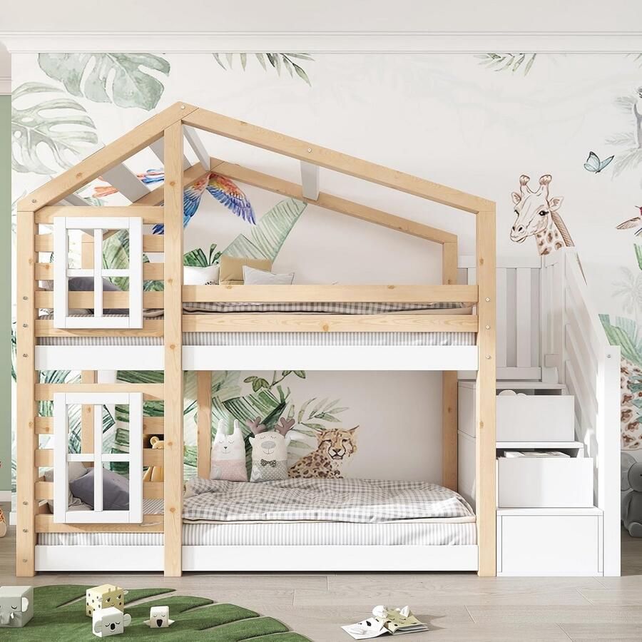 Hoogslaper Kinderbed met Boomhut Ontwerp en Opbergruimte 90 x 200 cm