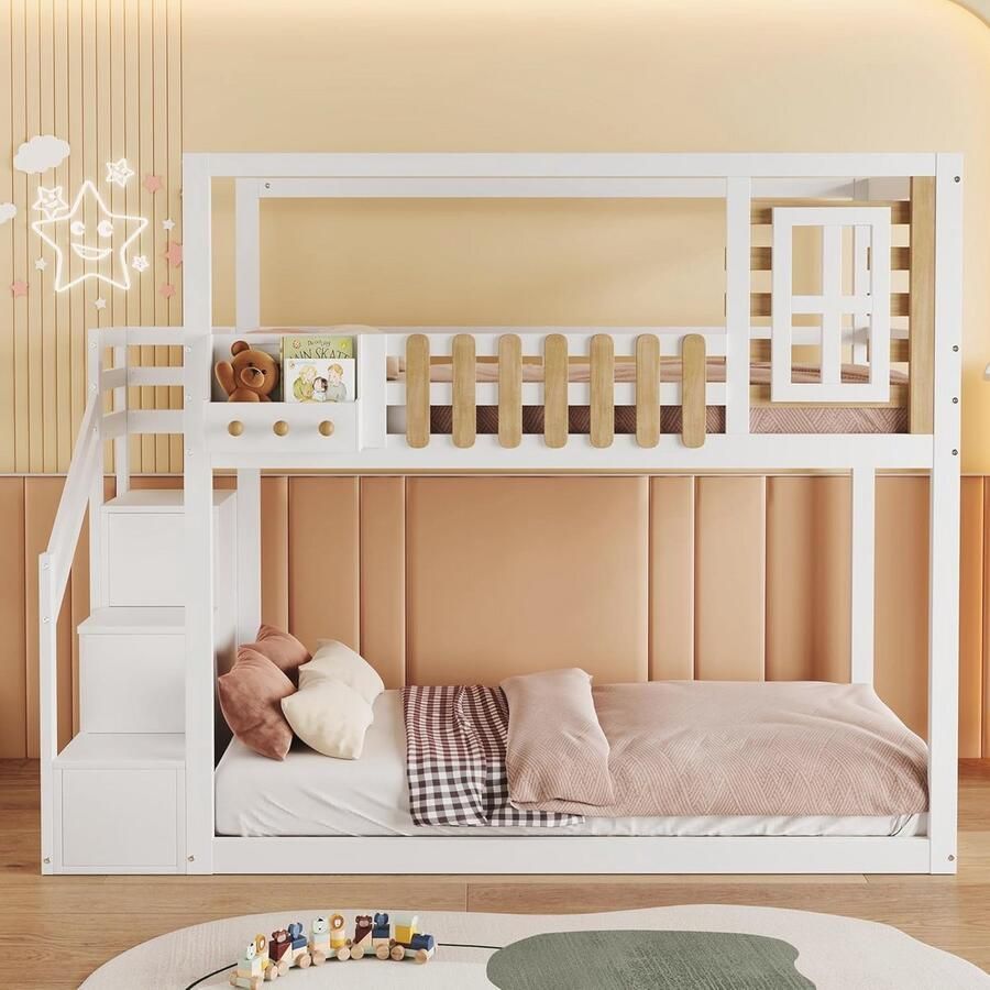 Hoogslaper Kinderbed met Glijbaan en Trap 90 x 200 cm Stapelbed met Bergruimte