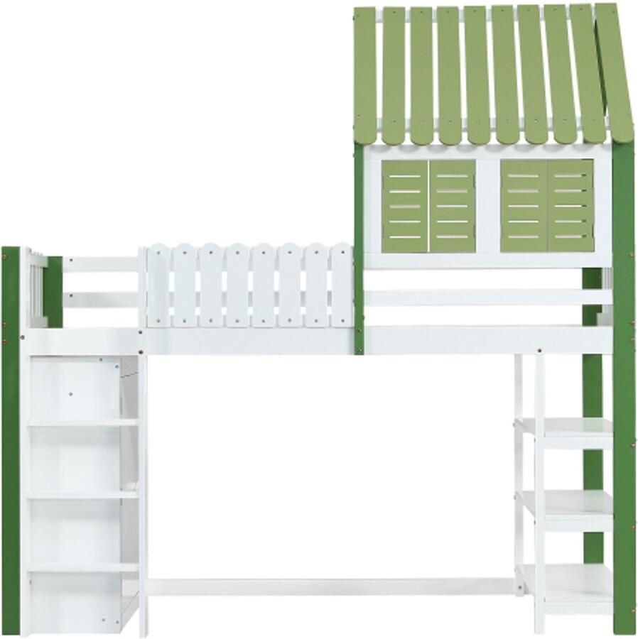 Hoogslaper kinderbed met veiligheidshekje met dak en raam veel opbergruimte met kledingkast drielaagse open opbergplank drietrapsladder wit+groen 90x200