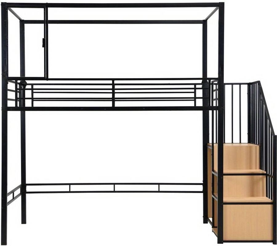 Hoogslaper – Kinderhoogslaper – Stapelbed – Eenpersoonsbed – Bedframe – Met Trap en Kledingkast – Stabiel Metalen Frame – Magnetische Deur – Ruimtebesparend 90x200 cm – Modern Industrieel