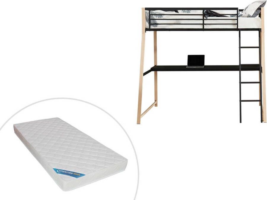 Hoogslaper MALICIA 90 x 190 cm Met hoekbureau Zwart en Eiken + matras L 200 cm x H 182 cm x D 138 cm