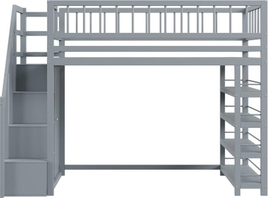 Zonder merk Gotagee Hoogslaper Massief houten bed 90x200cm（Zonder matras）Grijs Multifunctioneel bed