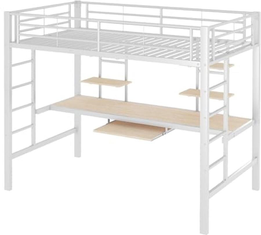 Hoogslaper met Bureau en 4 Boekenplanken voor Kinderen en Volwassenen Zwart (90 x 200 Wit)