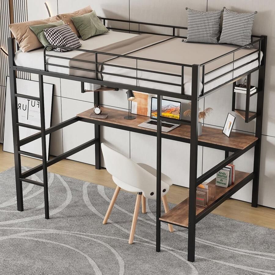 Hoogslaper met Bureau en Boekenrek Metalen Bedframe 90 x 200 cm Zwart