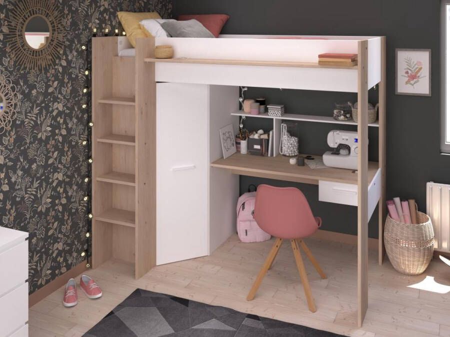 Hoogslaper met bureau en kast 90 x 200 cm Wit en naturel + matras- AUCKLAND L 204.4 cm x H 178.3 cm x D 116.4 cm