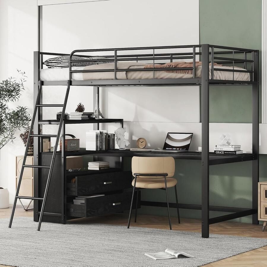 Hoogslaper met Bureau en Opbergladen voor Kinderen 90 x 200 cm Grijs