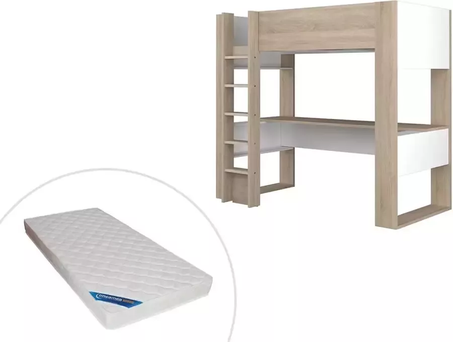 Vente-unique Hoogslaper met bureau en opbergruimte 90 x 200 cm Eik en wit + matras NOAH II L 206 cm x H 183 cm x D 110 cm - Foto 3