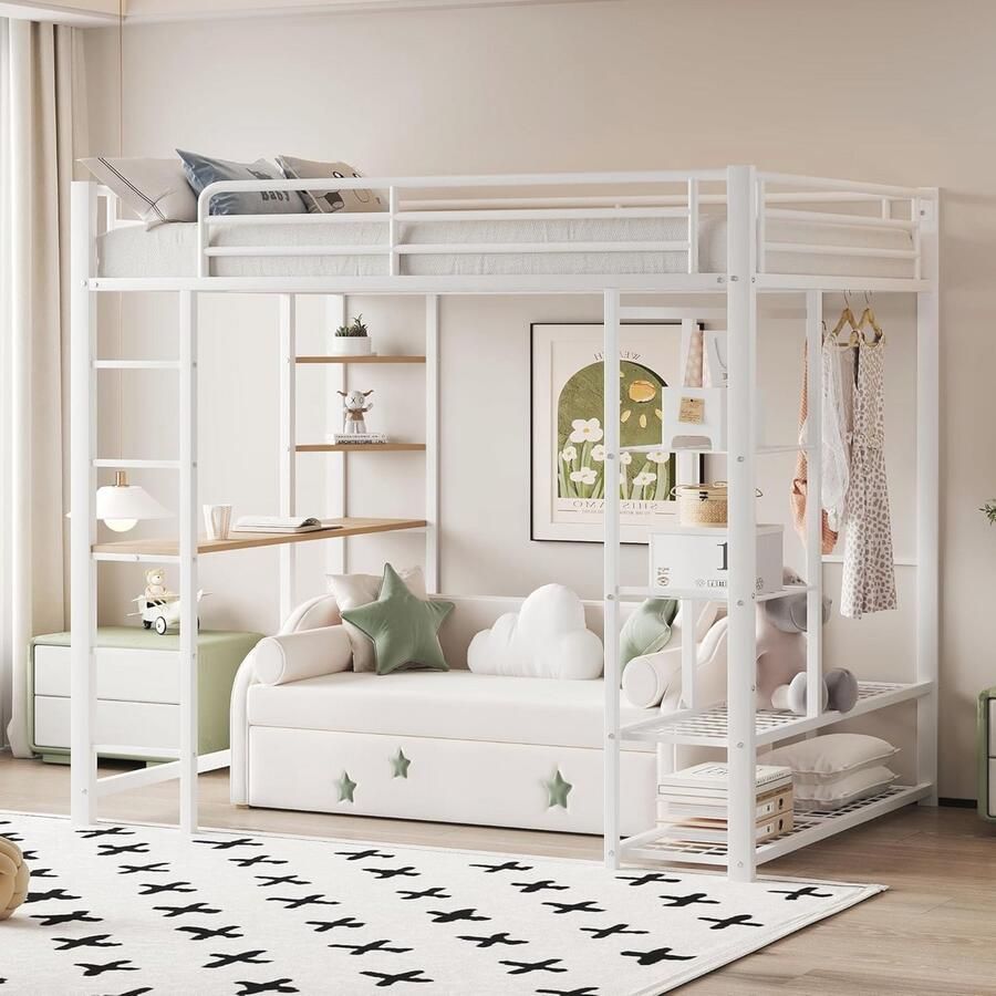 Hoogslaper met Bureau en Plank 90 x 200 cm Ideaal voor Jongeren en Volwassenen Draagvermogen 120 kg Wit Metalen Bed