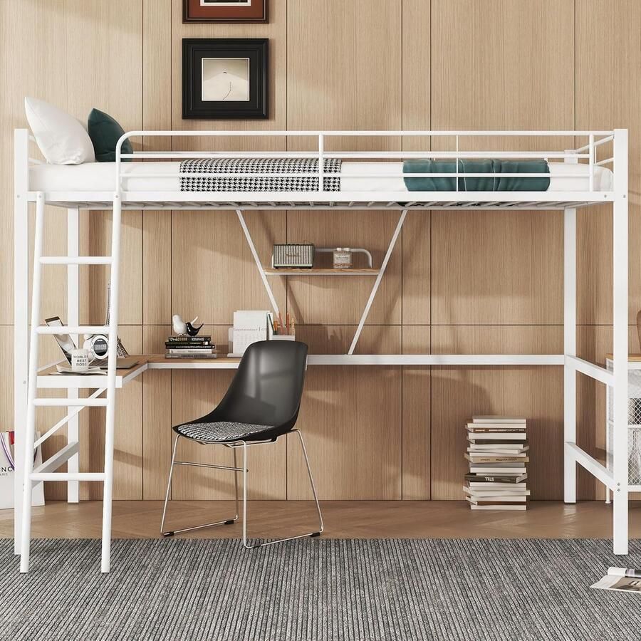 Hoogslaper met Bureau en Plank 90 x 200 cm Metaal Wit Ideaal voor Kinderen en Jongeren