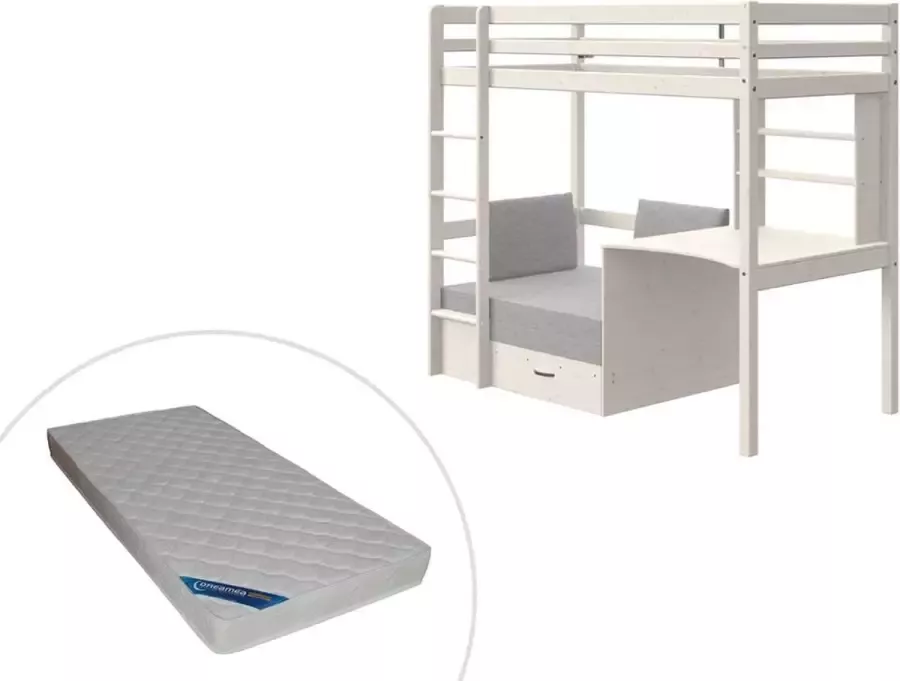 Hoogslaper met bureau uitvouwbare zithoek en opbergruimte 90x200cm Dennenhout Wit + matras L 208 cm x H 179 cm x D 104 cm