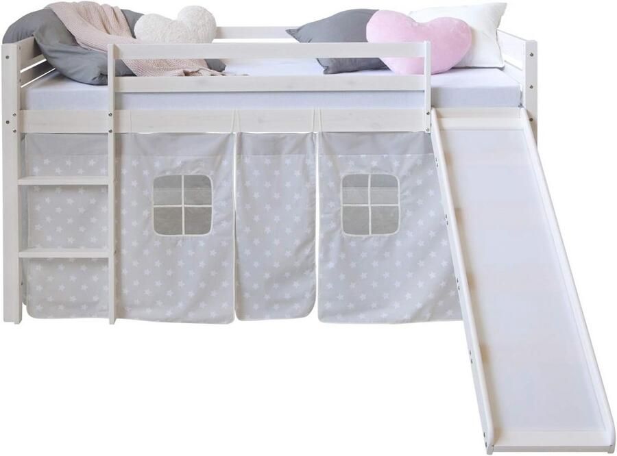 Hoogslaper met Glijbaan en Sterren Gordijn 90x200 Kinderbed met Trap en Valbeveiliging