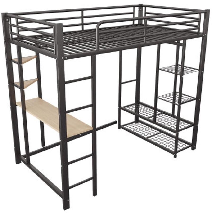 Hoogslaper met ladder 90x200cm eenpersoonsbed kinderbed met tafel met eenvoudige vering en opbergvakken zwart