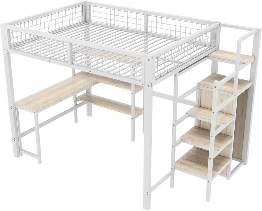 Hoogslaper met trap en bureau Metalen tweepersoonsbed met open kledingkast en planken Multifunctioneel slaap- en werkmeubel