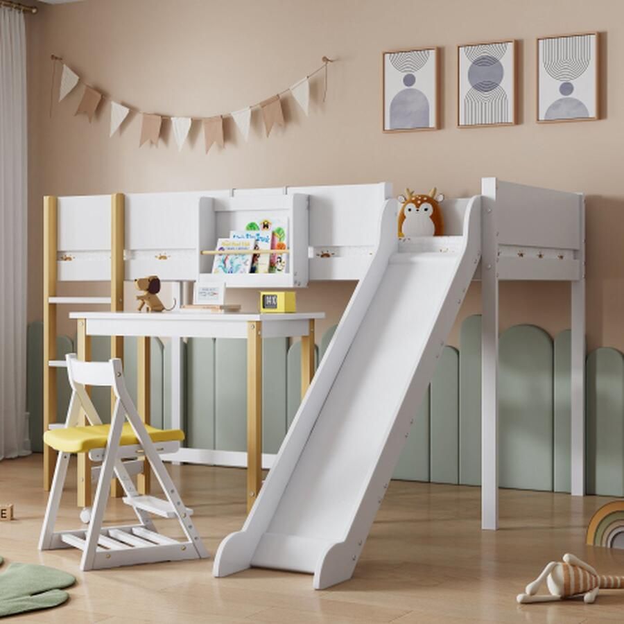 Hoogslaper stapelbed met drietraps rechte ladder kinderbed jeugdbed met glijbaan en tafel met afneembare plank grenen+MDF wit+naturel 90x200cm