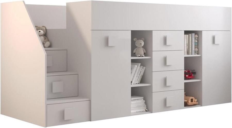 Hoogslaper voor Kinderen met Bureau en Opbergruimte Multifunctioneel Stapelbed met Kledingkast Planken en Laden