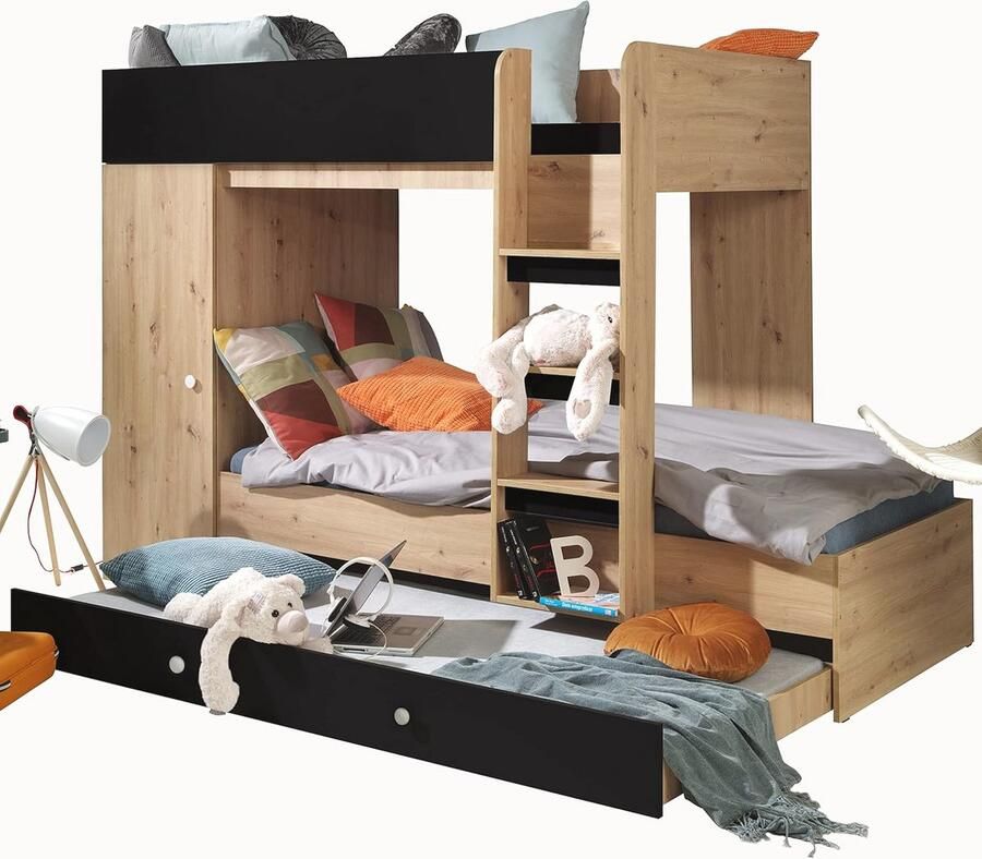 Hoogslaper voor Kinderen met Bureau en Opbergruimte Multifunctioneel Stapelbed voor Tieners Eiken en Zwart